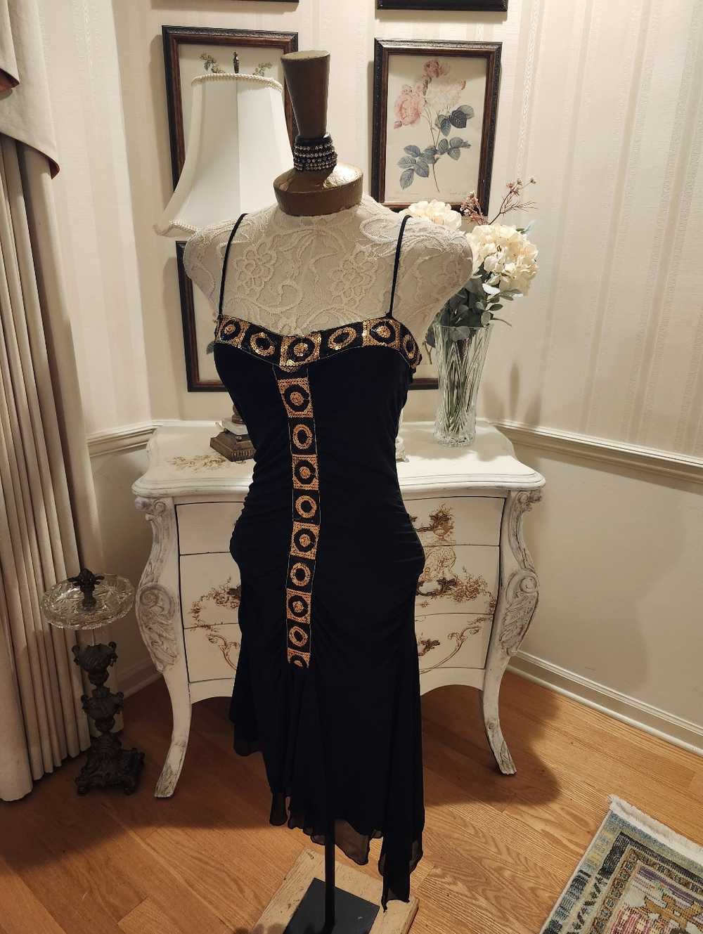 Vintage Deco Black & Gold Sequin Stage Diva Dance Dress S - Picture 3 of 8